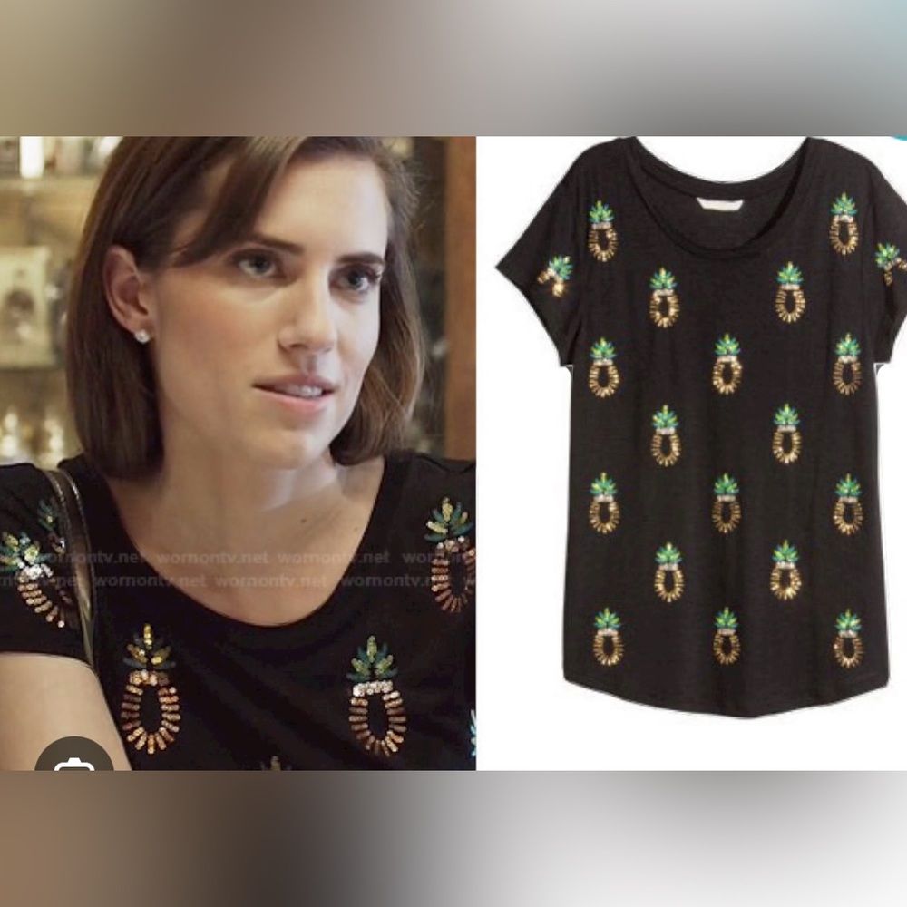 H & M sequinned pineapple t-Shirt black size L slightly rounded Hem